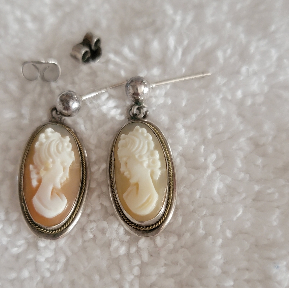 Vintage Cameo Marked 800 Silver Drop Earrings with Post Backs